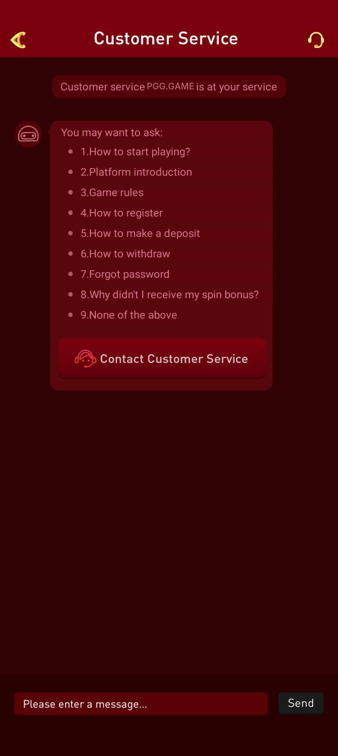 pggplay app — Customer Service screen